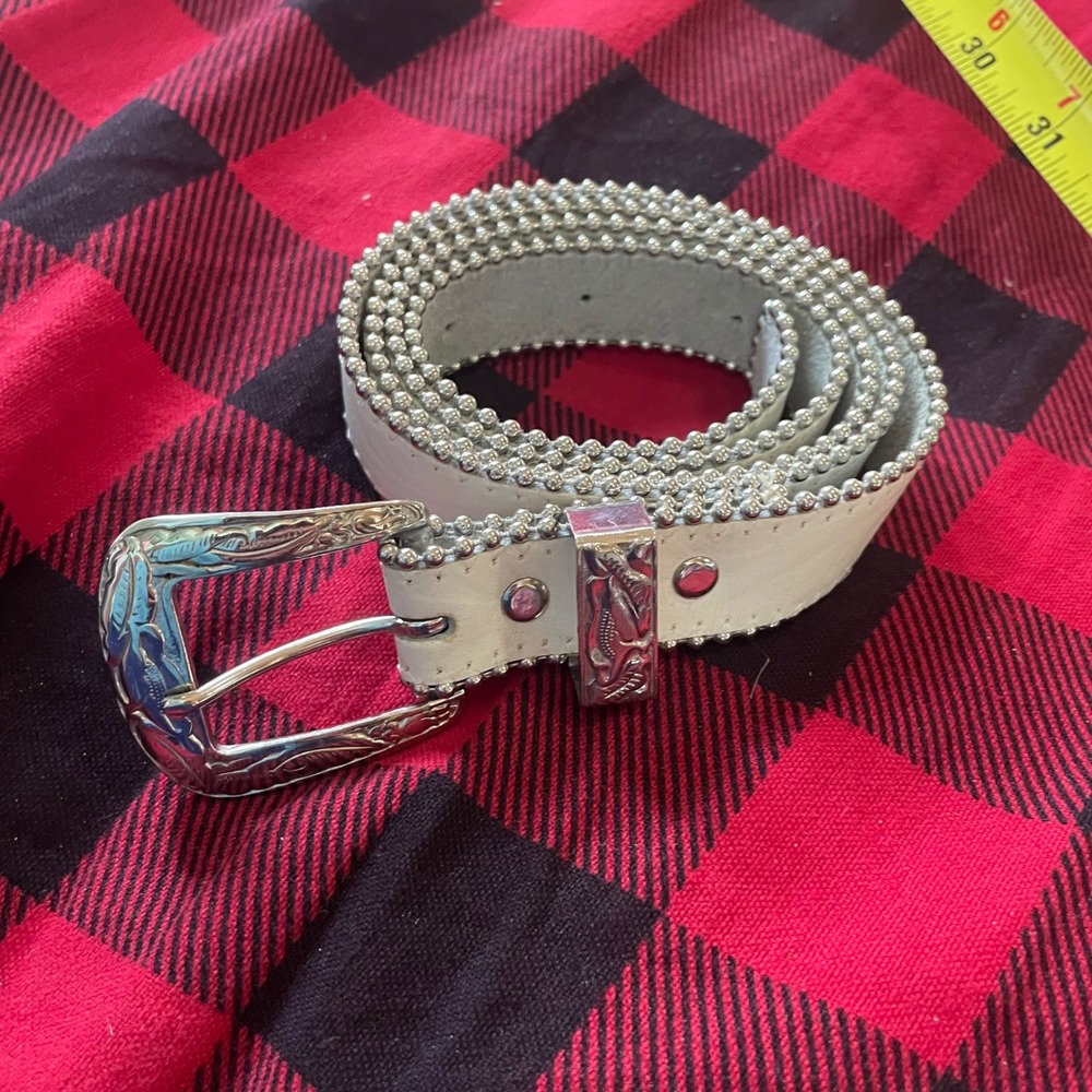 Womens White Leather Belt Silver Studded Rhinestone Buckle Western Cowgirl Style